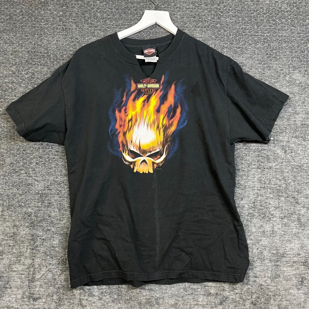 VTG Harley Davidson Hanes Beefy-T T-Shirt Mens Black Flaming Skull USA Made - L